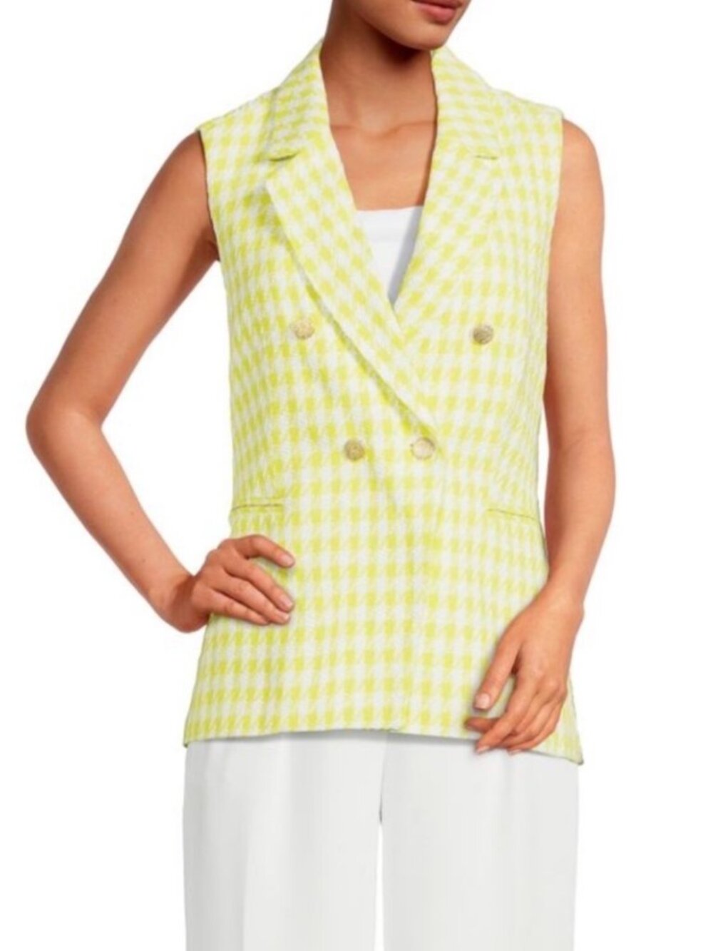 NWT Nanette Lepore Tweed Sleeveless Long Vest in Citrine Yellow/White. Size L